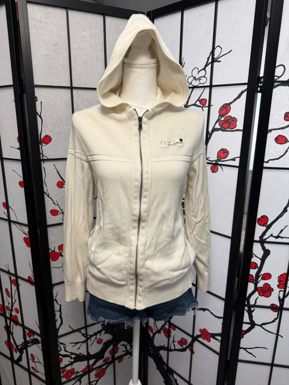 Express Cream Knit Zip Hoodie with Patch Detail